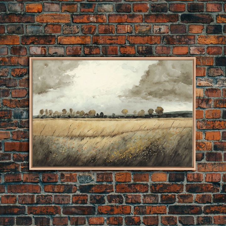 Moody Country Landscape Canvas Print Painting | Vintage Wall Art | Subdued Wall Art | Framed Canvas | Muted Monochromatic Landscape Art