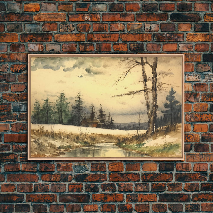 Cottage On The Lake, Wall Art, Framed Canvas Print, Subdued Minimalist Boho Style Wall Decor, Canvas Art, Rustic Decor