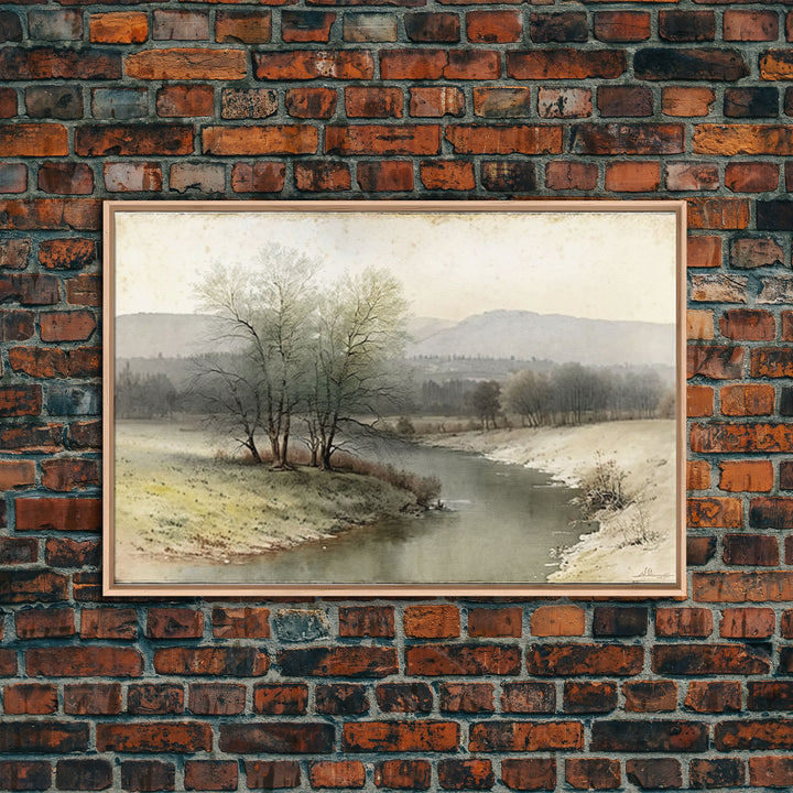 Rustic Vintage Landscape Wall Art Print, Nature Framed Large Gallery Art, Minimalist Art Ready to Hang, With Hangers, Muted Farmhouse Art