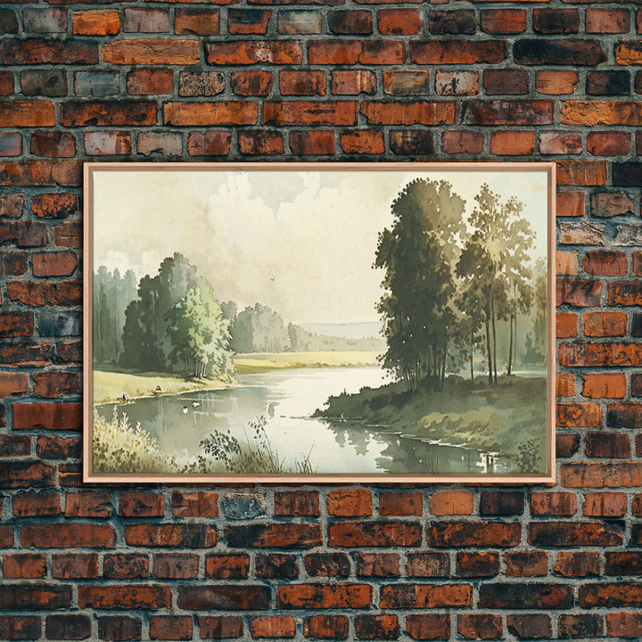 Wall Art, Vintage Landscape Framed Canvas Print, Wall Decor with hanging kit, Rustic Farmhouse Decor, Primitive Art, Early American Style
