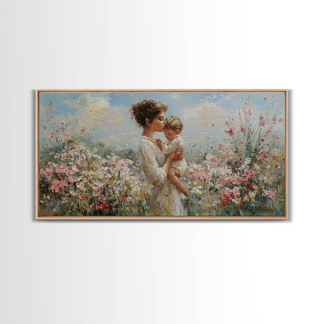 Mother Holding Baby In Sunlit Flower Field Wall Art, Impressionist Floral Canvas Print, Nursery Decor, Gift For Mom, Living Room Decor