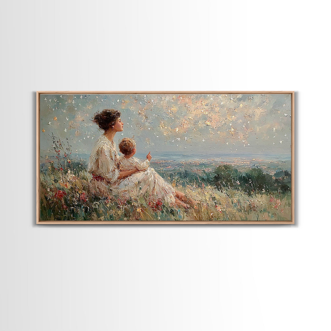 Mother And Child Watching Ocean Sunset Framed Canvas Print, Coastal Wildflower Wall Art, Calming Bedroom Decor Gift For Her