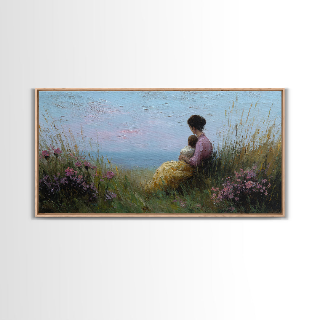Mother And Child Beside Quiet Lake Wall Art, Impressionist Meadow Framed Canvas Print, Calming Nursery Decor Gift For Her