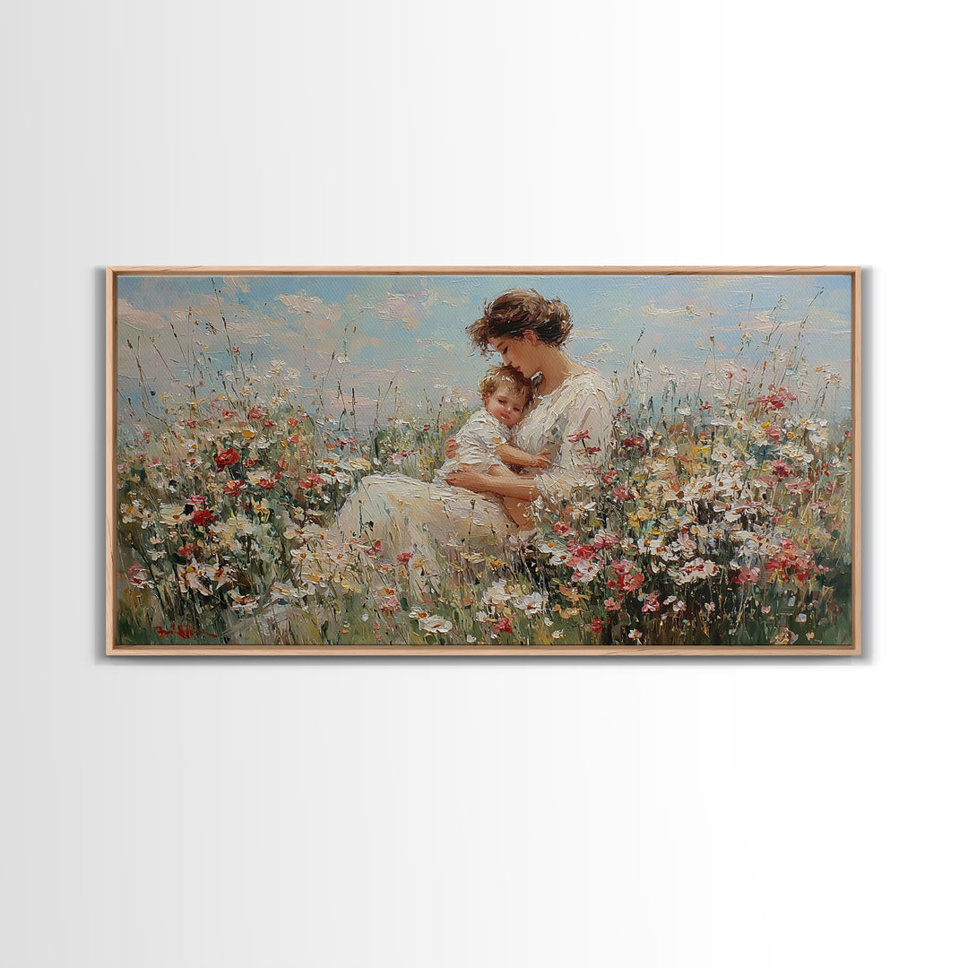 Mother And Baby Embraced Among Daisies Wall Art, Impressionist Floral Canvas Print, Nursery Wall Decor, Gift For Her, Motherhood Gift