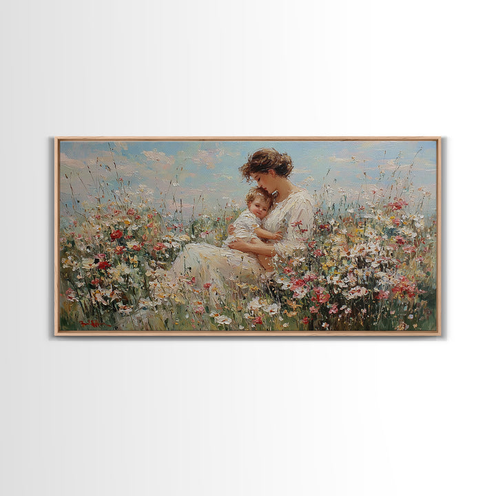 Mother And Baby Embraced Among Daisies Wall Art, Impressionist Floral Canvas Print, Nursery Wall Decor, Gift For Her, Motherhood Gift