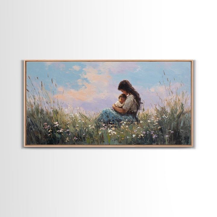 Mother Holding Baby At Sunset Meadow Canvas Print, Boho Wildflower Wall Art, Nursery Decor, Gift For New Mom, Bedroom Decor