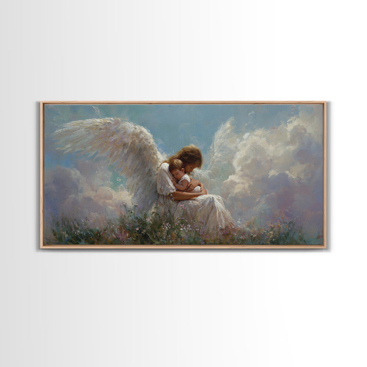 Guardian Angel Embracing Child In Clouds Wall Art, Heavenly Framed Canvas Print, Christian Nursery Decor, Sympathy Gift For Her
