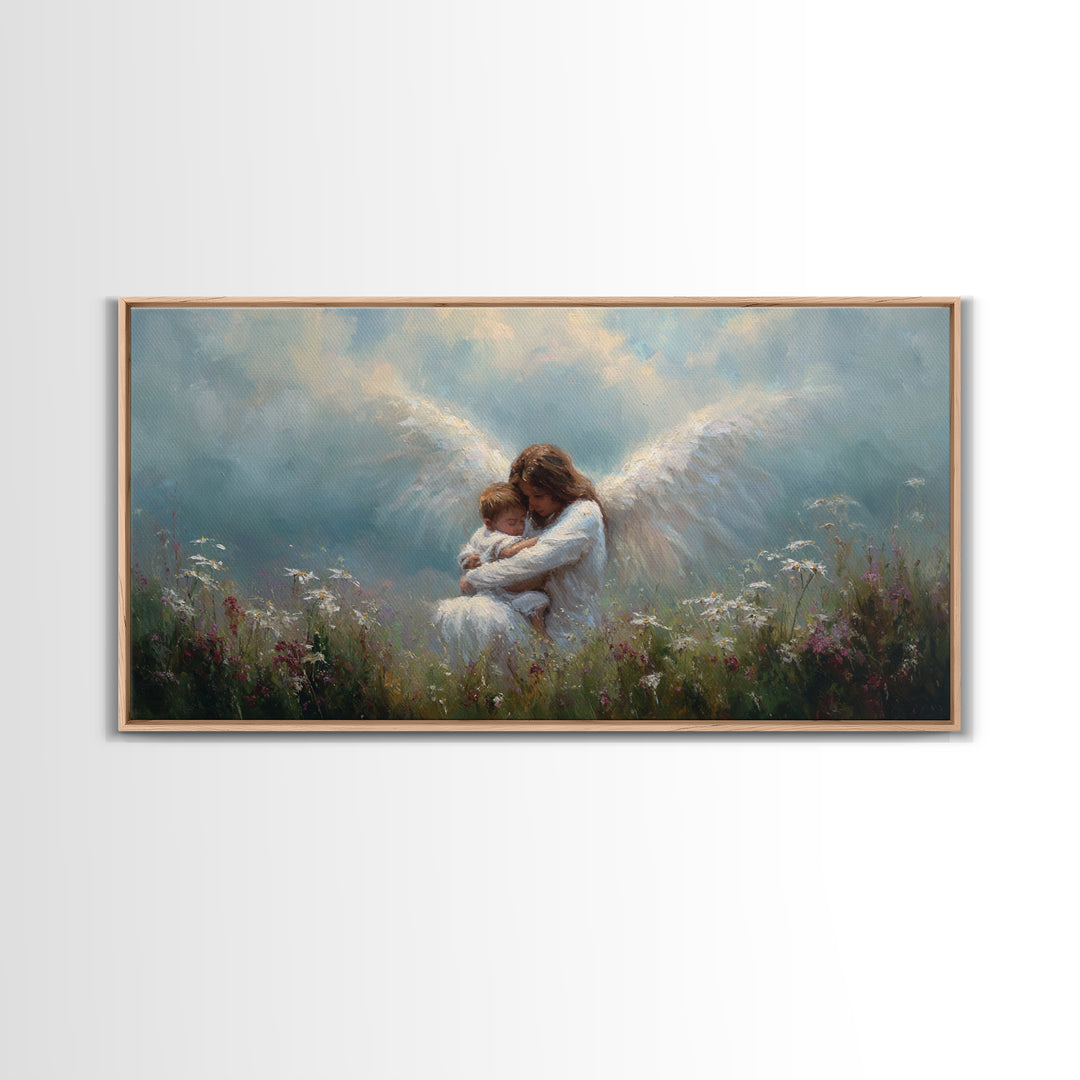 Guardian Angel Embracing Baby In Wildflower Meadow Framed Canvas Print, Christian Nursery Wall Art, Gift For Mom, Spiritual Home Decor
