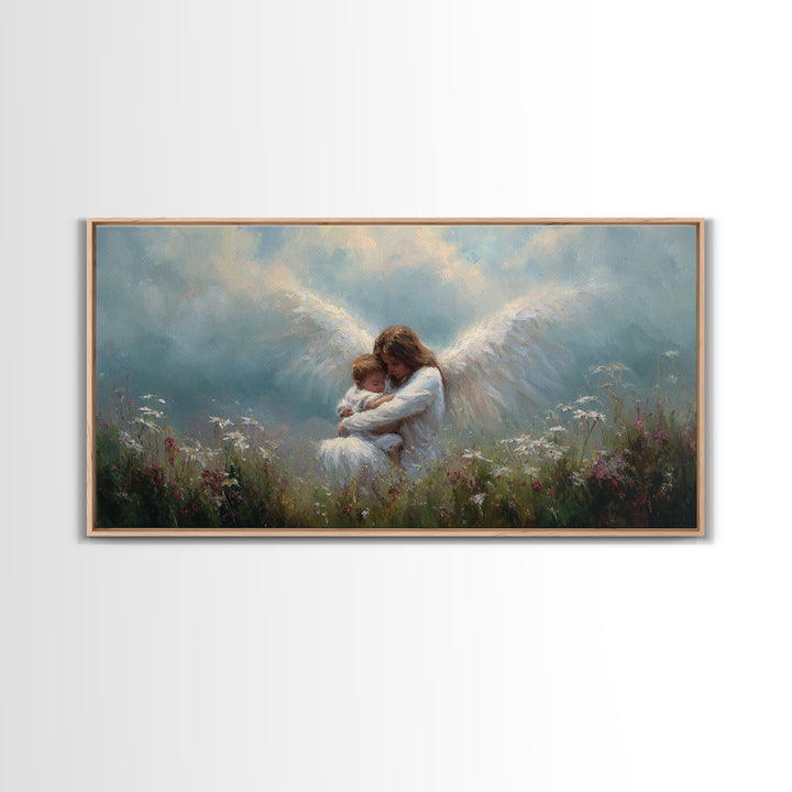 Guardian Angel Embracing Baby In Wildflower Meadow Framed Canvas Print, Christian Nursery Wall Art, Gift For Mom, Spiritual Home Decor