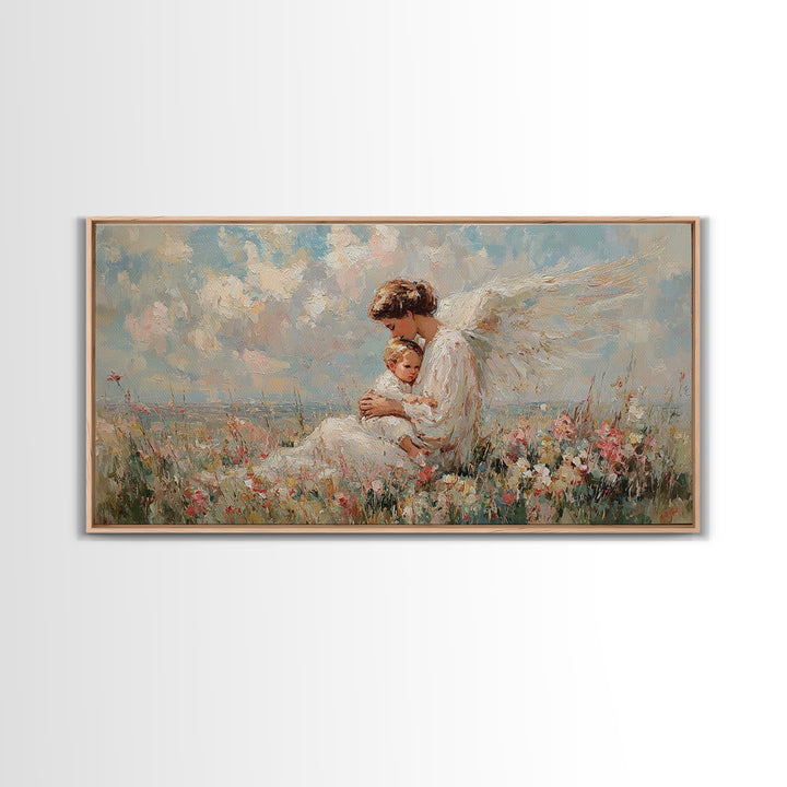 Seated Guardian Angel With Infant In Pastel Wildflowers Canvas Print, Christian Wall Art, Nursery Decor, Baby Shower Gift