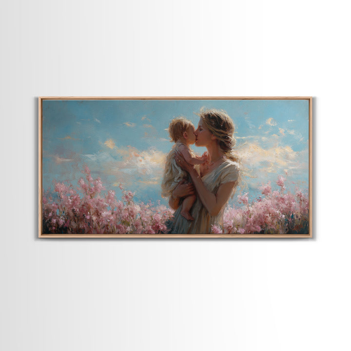 Tender Mother Kissing Child Among Pink Blossoms Wall Art, Feminine Nursery Decor, Mothers Day Gift, Living Room Art, Home Decor