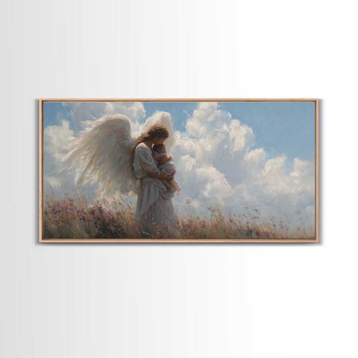Angel Mother Cradling Baby Beneath Bright Clouds Framed Canvas Print, Christian Wall Art, Nursery Decor, Spiritual Gift For Her