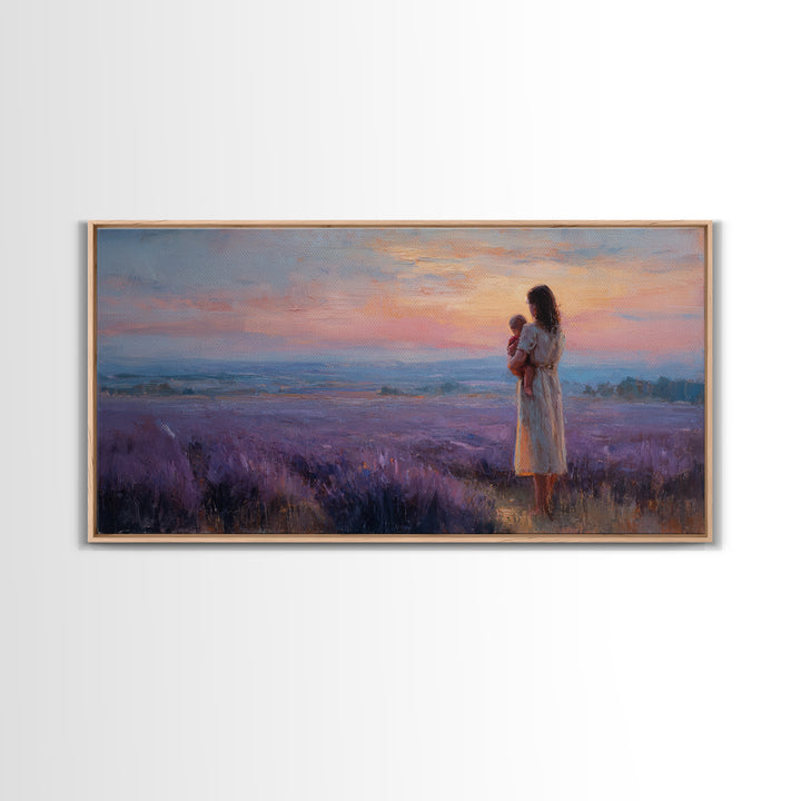 Mother Holding Baby At Lavender Field Sunset Canvas Print, Purple Landscape Wall Art, Mothers Day Gift, Bedroom Decor, Home Decor