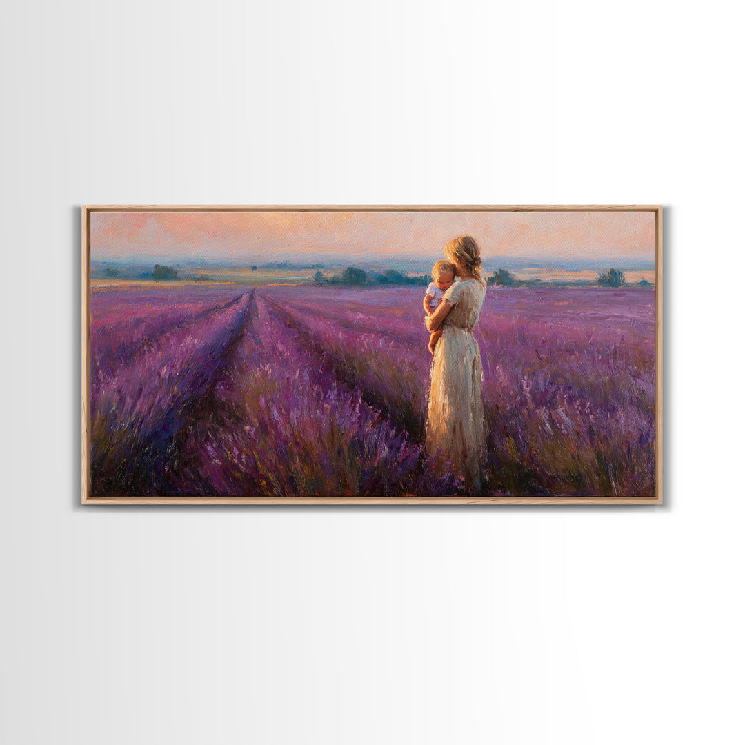 Mother And Baby In Lavender Rows At Golden Sunset Framed Canvas Print, Provence Landscape Wall Art, Gift For Mom, Home Decor