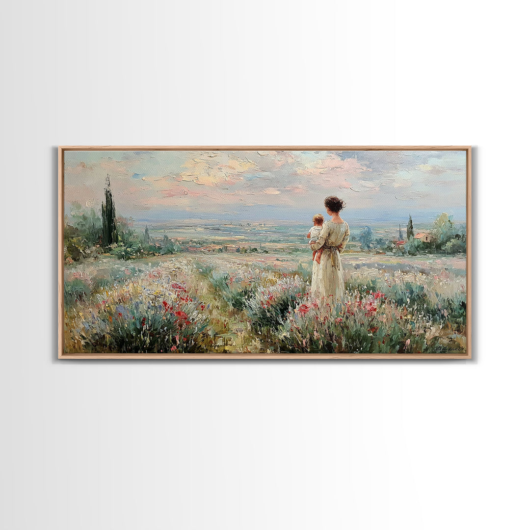 Mother With Baby Over Tuscan Wildflower Valley Canvas Print, Italian Countryside Wall Art, Mothers Day Gift, Living Room Decor