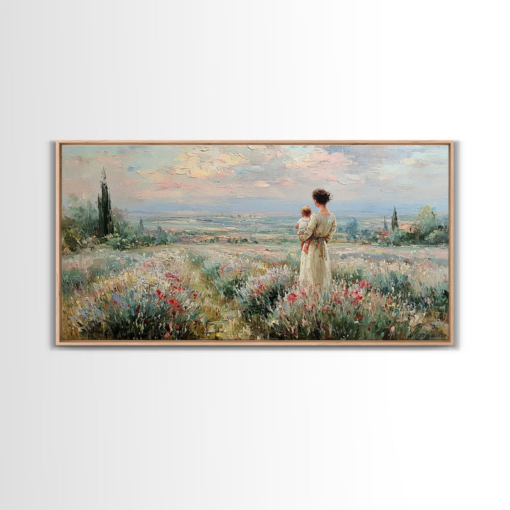 Mother With Baby Over Tuscan Wildflower Valley Canvas Print, Italian Countryside Wall Art, Mothers Day Gift, Living Room Decor