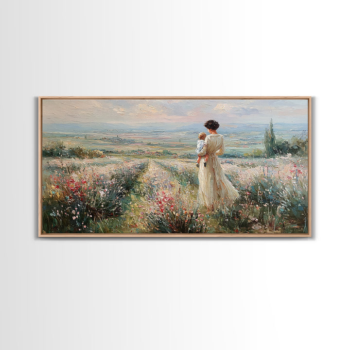 Mother Holding Baby Beside Tuscan Garden Path Wall Art, Italian Landscape Print, Framed Canvas Print, Housewarming Gift, Home Decor