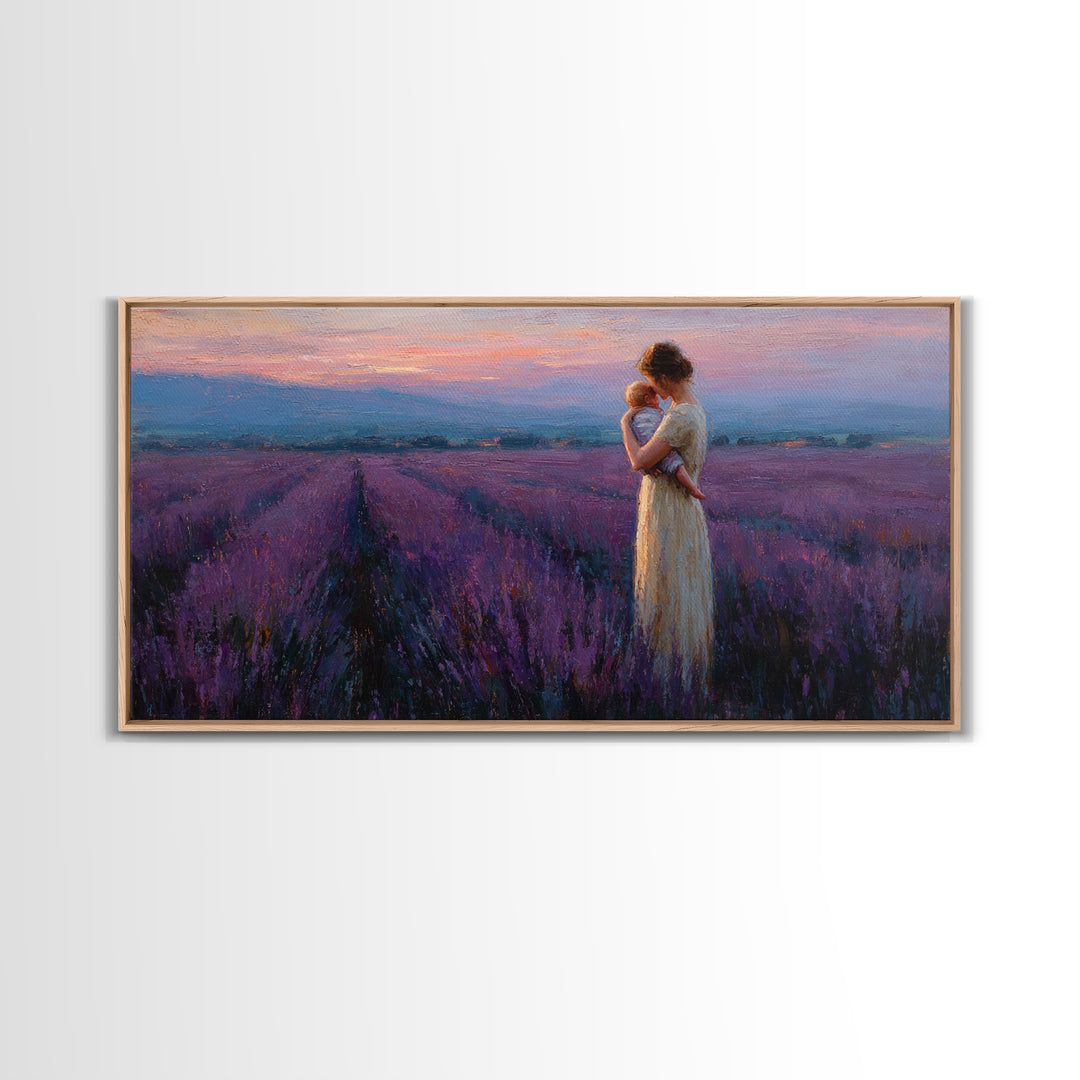 Mother And Baby In Lavender Field At Rose Dusk Canvas Print, Purple Landscape Wall Art, Mothers Day Gift, Romantic Home Decor