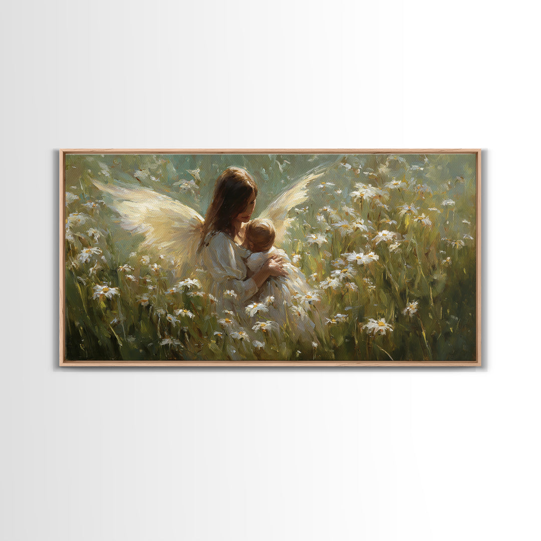 Guardian Angel Mother And Baby In Daisy Meadow Wall Art, Christian Nursery Decor, Spiritual Gift, Feminine Bedroom Decor