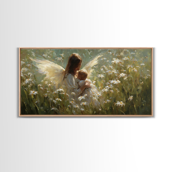 Guardian Angel Mother And Baby In Daisy Meadow Wall Art, Christian Nursery Decor, Spiritual Gift, Feminine Bedroom Decor
