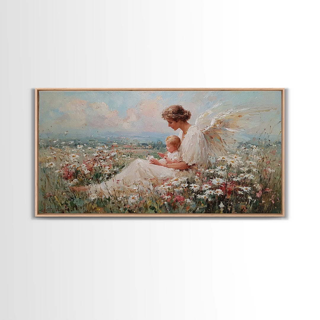 Angel Mother And Baby Over Wildflower Hills Canvas Print, Christian Wall Art, Nursery Decor, Housewarming Gift For Her, Living Room Decor