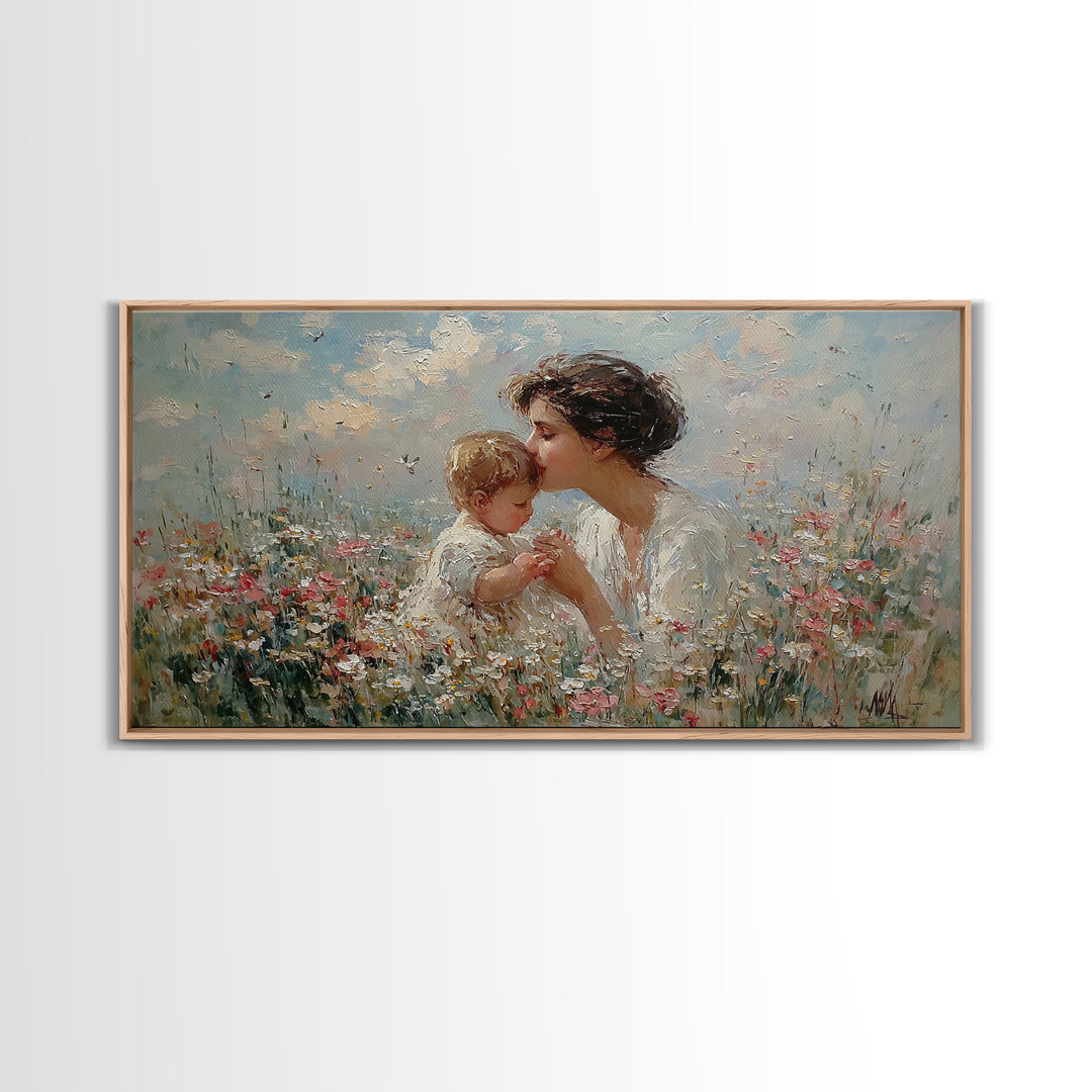 Mother Kissing Baby Among Wildflowers Wall Art, Impressionist Christian Art Print, Nursery Decor, Gift For Mom, Living Room Wall Art
