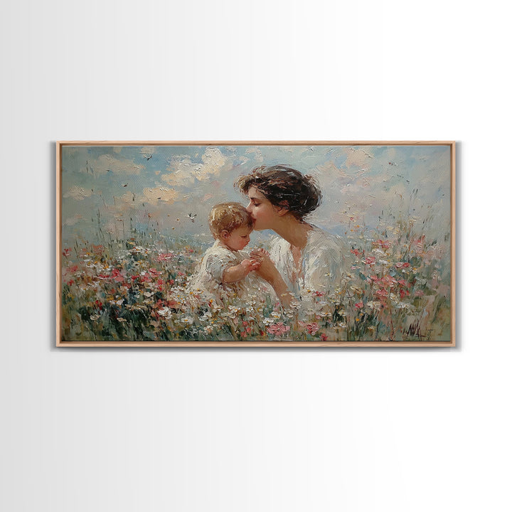 Mother Kissing Baby Among Wildflowers Wall Art, Impressionist Christian Art Print, Nursery Decor, Gift For Mom, Living Room Wall Art