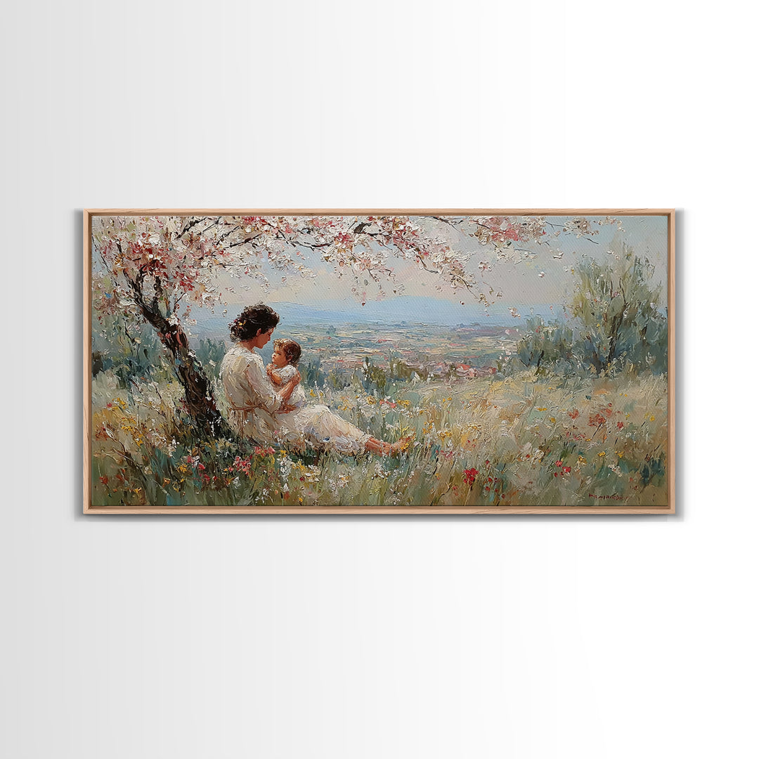 Mother And Child In Blooming Hillside Meadow Canvas Print, Spring Wall Art, Feminine Nursery Decor, Housewarming Gift, Living Room Decor