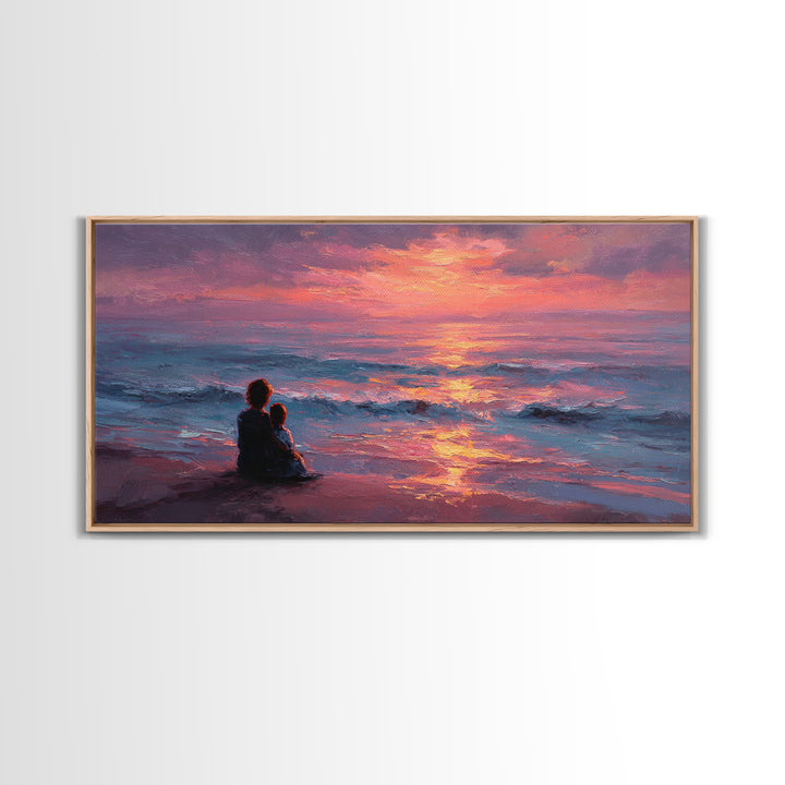 Mother And Child Watching Ocean Sunset Wall Art, Coastal Beach Canvas Print, Gift For Mom, Nursery Decor, Bedroom Wall Decor