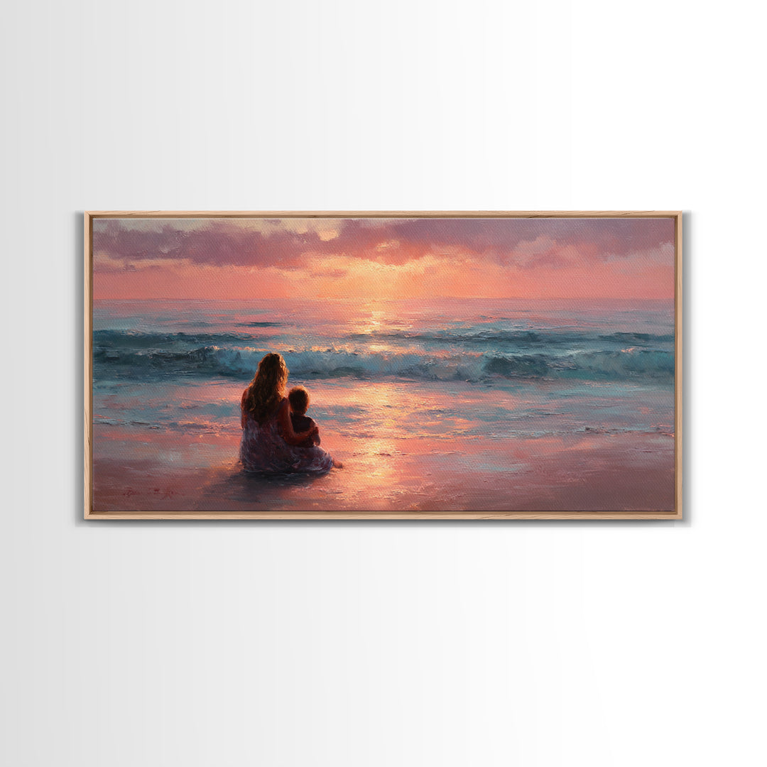 Mother And Child By Pink Ocean Sunset Wall Art, Coastal Seascape Canvas Print, Gift For Mom, Nursery Decor, Living Room Art
