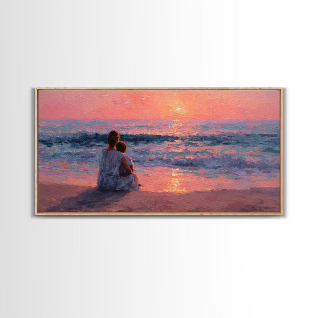 Mother Holding Baby At Rose Ocean Sunset Wall Art, Coastal Canvas Print, Nursery Decor, Gift For Mom, Romantic Bedroom Art