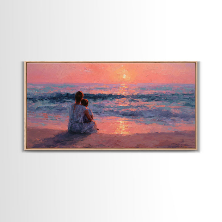 Mother Holding Baby At Rose Ocean Sunset Wall Art, Coastal Canvas Print, Nursery Decor, Gift For Mom, Romantic Bedroom Art