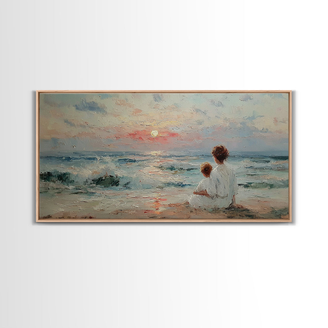 Mother And Child Seaside Sunrise Framed Canvas Print, Pastel Coastal Wall Art, Nursery Decor, Gift For Mom, Beach House Decor