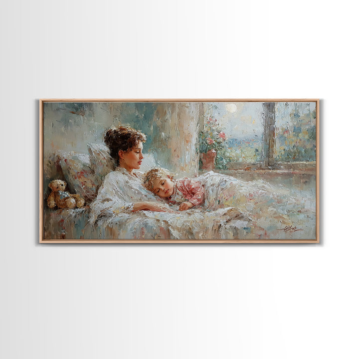 Mother And Child Morning Bedtime Wall Art, Impressionist Canvas Print, Nursery Decor, Gift For Mom, Cozy Bedroom Wall Decor