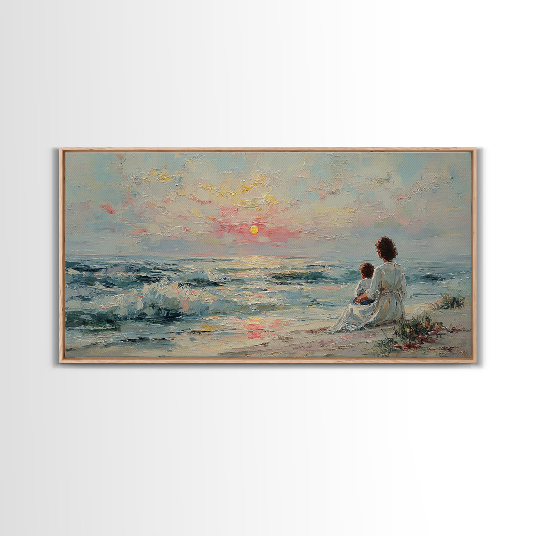 Mother And Child Watching Pastel Sea Sunset Wall Art, Coastal Framed Canvas Print, Nursery Decor, Gift For Mom, Beach Decor
