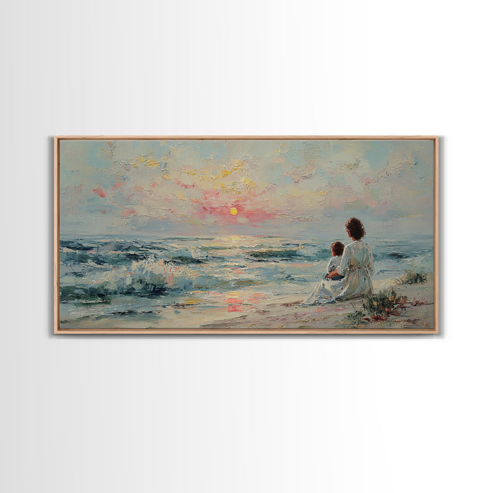 Mother And Child Watching Pastel Sea Sunset Wall Art, Coastal Framed Canvas Print, Nursery Decor, Gift For Mom, Beach Decor
