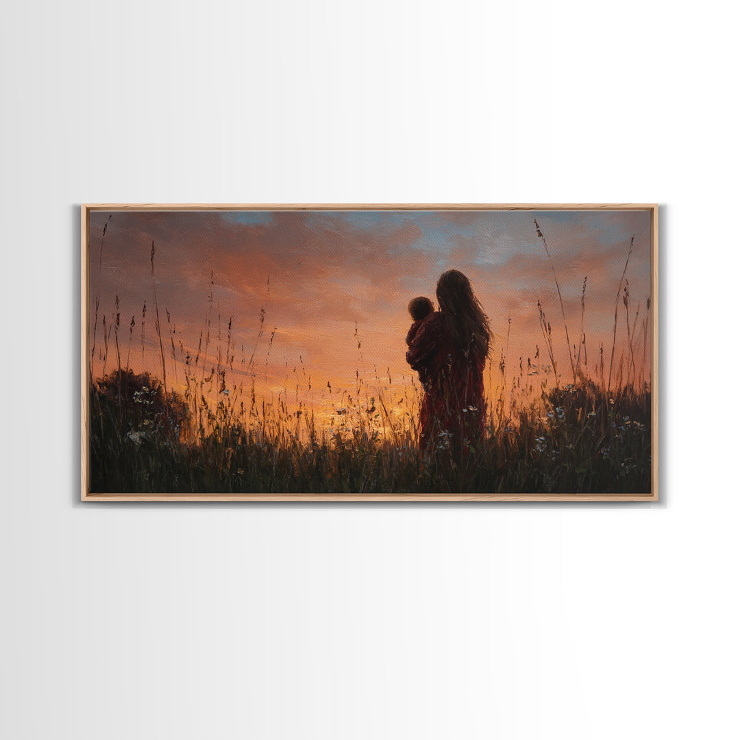 Mother And Baby Silhouette At Golden Sunset Wall Art, Rustic Landscape Canvas Print, Nursery Decor, Gift For Mom, Moody Wall Art