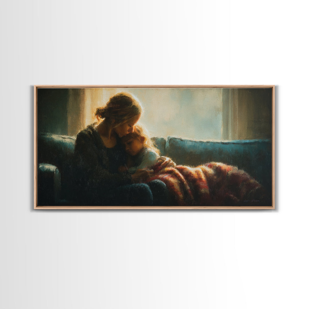 Mother Cuddling Child By Window Wall Art, Moody Bedroom Canvas Print, Nursery Decor, Gift For Mom, Cozy Home Decor, Fine Art