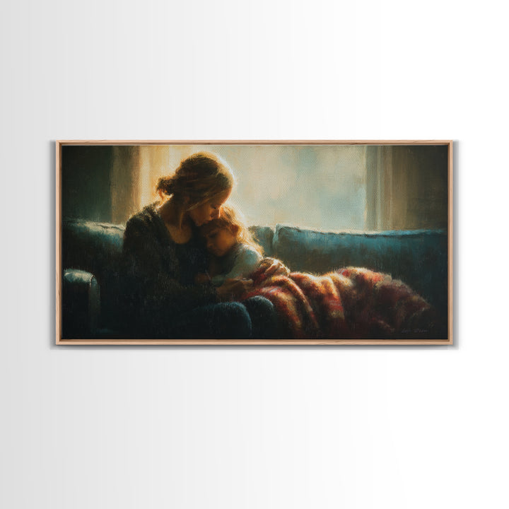 Mother Cuddling Child By Window Wall Art, Moody Bedroom Canvas Print, Nursery Decor, Gift For Mom, Cozy Home Decor, Fine Art