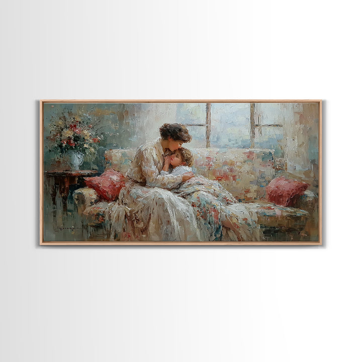 Mother And Baby Morning Embrace Wall Art, Impressionist Nursery Decor, Cozy Bedroom Print, Gift For Mom, Framed Fine Art