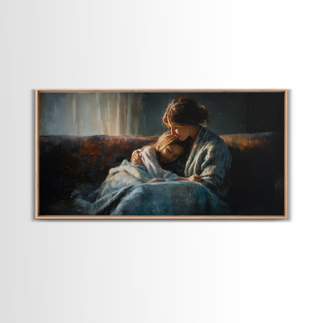 Mother And Sleeping Child Canvas Print, Moody Impressionist Wall Decor, Cozy Bedroom Art, Gift For Her, Warm Home Decor Print