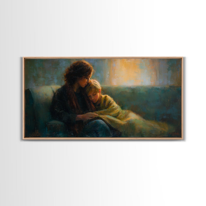 Mother Comforting Child Canvas Print, Moody Figurative Wall Art, Warm Living Room Decor, Cozy Bedroom Print, Gift For Mom