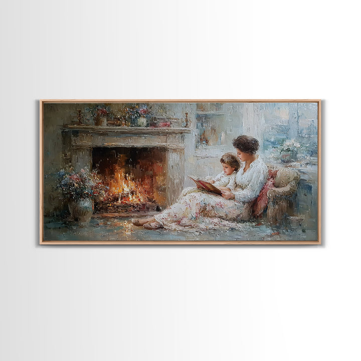 Mother And Child Reading By Fireplace Framed Canvas Print, Cozy Living Room Wall Art, Storybook Nursery Decor, Gift For Mom