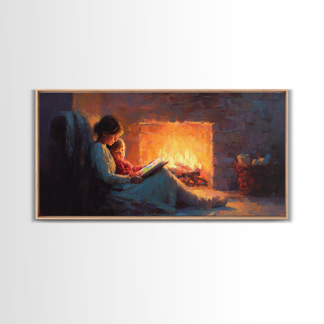 Mother And Child Fireside Reading Canvas Print, Warm Storybook Wall Art, Cozy Cabin Decor, Nursery Art, Gift For Book Lover