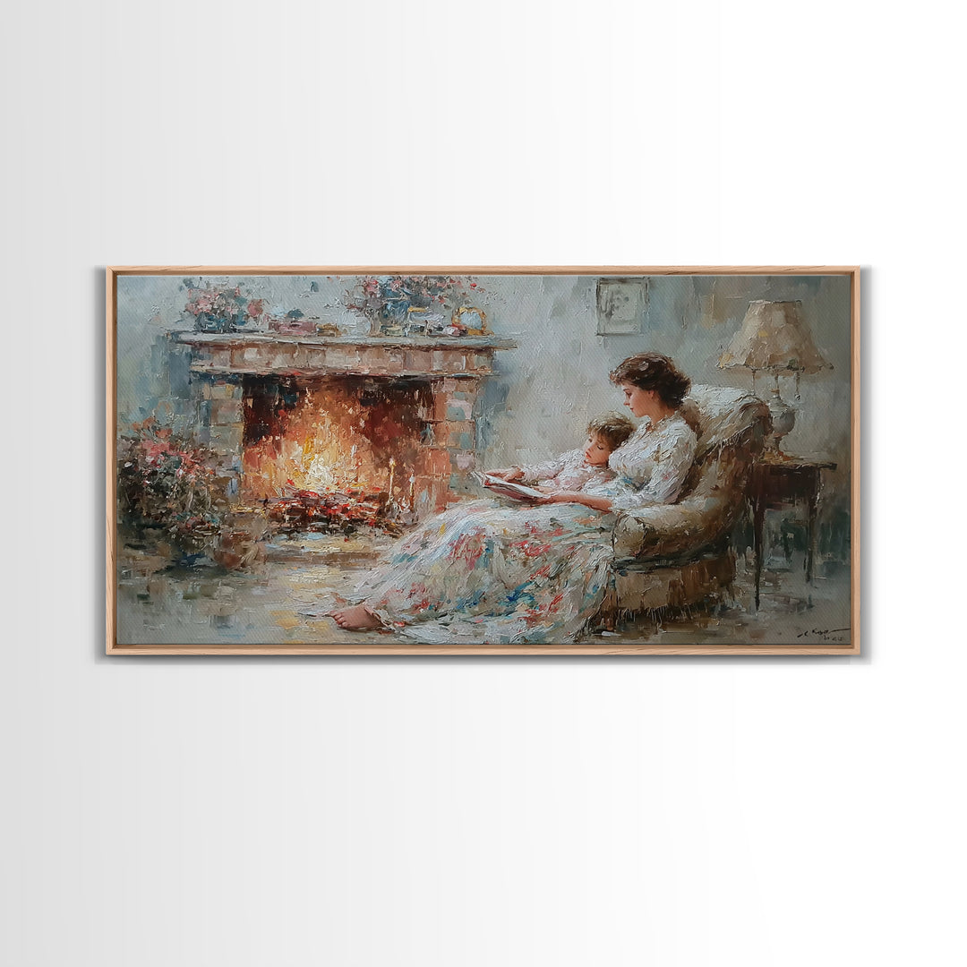 Mother And Child Reading Near Fireplace Wall Art, Impressionist Living Room Decor, Cozy Bedroom Art, Housewarming Gift Print