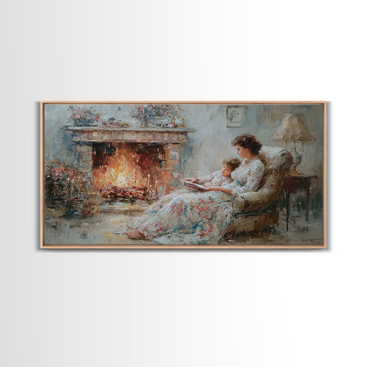 Mother And Child Reading Near Fireplace Wall Art, Impressionist Living Room Decor, Cozy Bedroom Art, Housewarming Gift Print