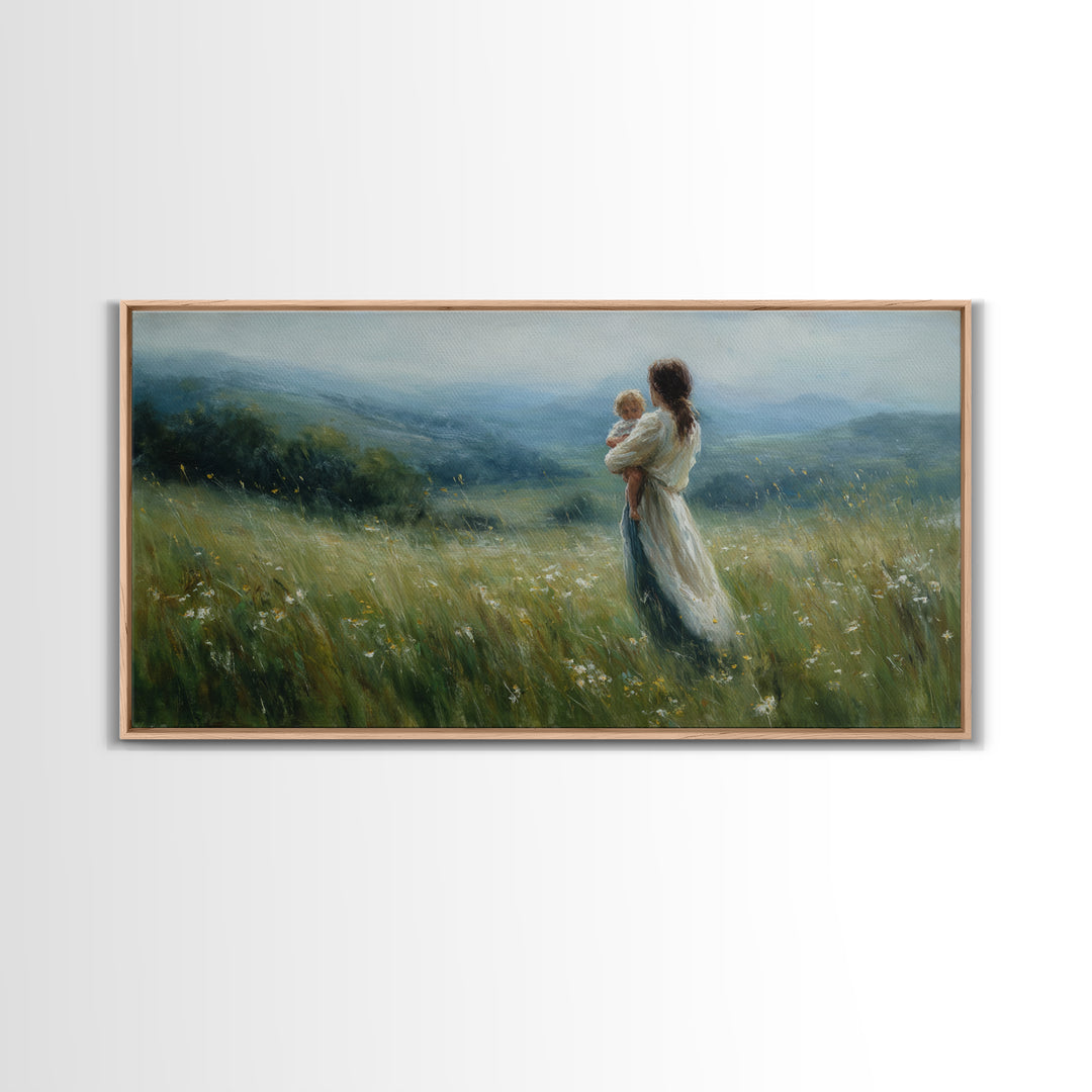 Mother Holding Baby In Misty Meadow Wall Art, Impressionist Landscape Painting, Serene Nursery Decor, Gift For Mom, Home Decor