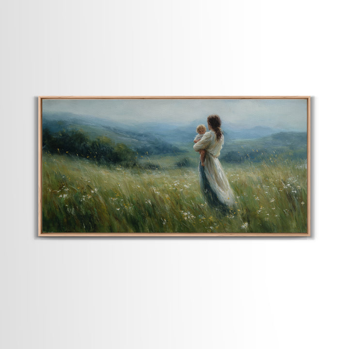Mother Holding Baby In Misty Meadow Wall Art, Impressionist Landscape Painting, Serene Nursery Decor, Gift For Mom, Home Decor