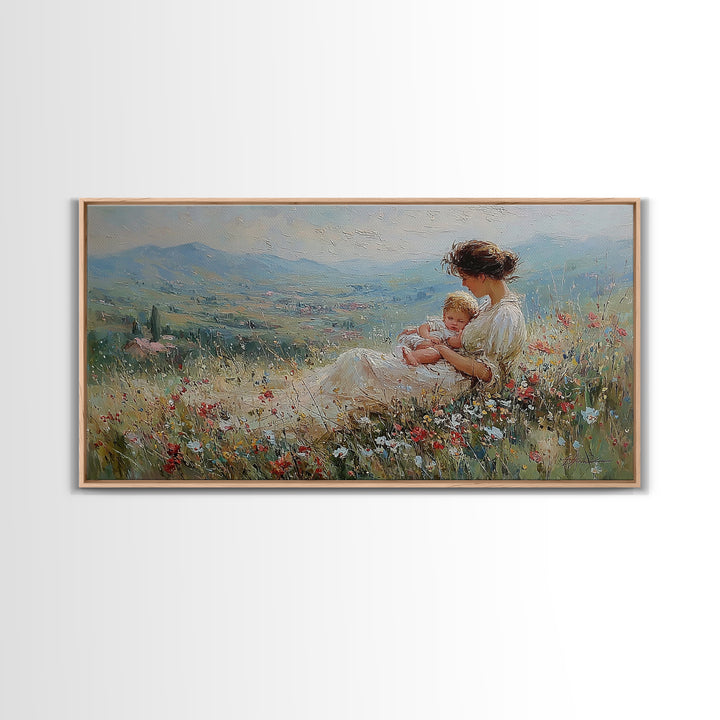 Mother And Infant In Flower Meadow Wall Art, Impressionist Landscape Canvas Print, Feminine Nursery Decor, Gift For Mom, Home Decor