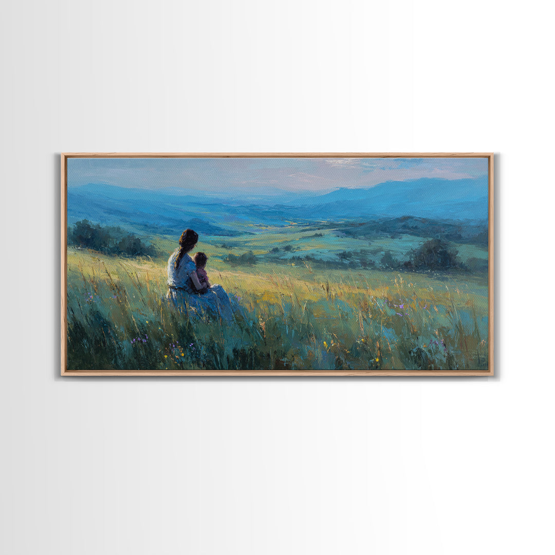 Mother And Child Over Blue Valley Wall Art, Peaceful Landscape Painting, Impressionist Canvas Print, Living Room Decor, Home Decor